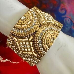 Gold-Tone Rhinestone & Faux Pearl stretchy  wide  Bracelet